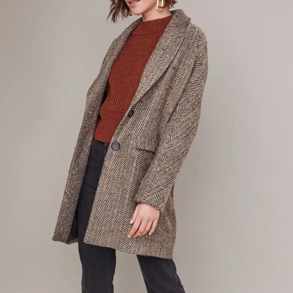 ASTR The Label Keller Herringbone Wool Blend Long Coat Brown Taupe S